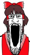 anime bowtie brown_hair clothes female glasses hair hakurei_reimu open_mouth soyjak stubble touhou variant:markiplier_soyjak video_game // 495x900 // 28.7KB