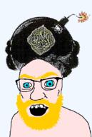 arab arabic_text beard blue_eyes bomb false_prophet glasses islam muhammad open_mouth soyjak subvariant:tetojak thick_eyebrows trend:aryan turban variant:feraljak white_skin yellow_beard // 550x816 // 150.5KB