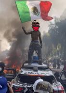 2025_Los_Angeles_Riots black_skin bloodshot_eyes car crying distorted fire flag:mexico full_body gringoslayer1488_(namefag) holding_flag holding_object jartycuck mexico mexicuck nigger slopjak subvariant:chudjak_front subvariant:jartycuck topless variant:chudjak // 484x680 // 577.2KB
