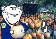 2soyjaks animal ear full_body glasses hand holding_object irl_background open_mouth pennsylvania pumpkin smile soyjak stubble subvariant:feralsquirrel tail tree trend:squirreljakking variant:feraljak variant:impish_soyak_ears // 1024x710 // 184.5KB
