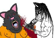 2soyjaks animal anthro blood bloodshot_eyes buff cat chainsaw closed_mouth crying decapitation fat fox furfag furry holding_chainsaw holding_object long_hair murder open_mouth subvariant:chainsaw_bernd variant:bernd variant:chudjak // 1238x872 // 227.2KB