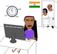 3soyjaks angry arm balding brown_skin clothes computer country ear female flag flag:india full_body glasses hair hand india indian leg subvariant:chudjak_front subvariant:female_chudjak text tshirt variant:chudjak wrinkles // 1125x1072 // 192.4KB