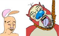 2soyjaks ack animal cartoon cat cat_ear dog ear frog glasses hanging nickelodeon open_mouth orange_eyes pepe ren_and_stimpy rope smile smug snout soyjak stubble suicide tongue variant:bernd variant:chudjak yellow_teeth // 1055x643 // 313.6KB