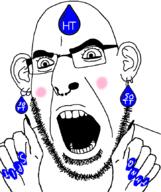 bald blush ear earring eyelashes eyeliner facial_mark forehead_mark glasses hand hands_up hawk_tuah makeup nail_polish nose nose_piercing open_mouth soyjak stubble subvariant:slutson thick_eyebrows variant:cobson water white_background // 723x861 // 75.3KB