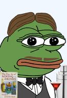 alcohol amphibian bar bartender book bowtie brown_hair cherry closed_mouth clothes cocktail collared_shirt david_a_embury drink frog glass green_skin hair lips looking_at_you manhattan mustache nas nas:pepe necktie pepe_the_frog the_fine_art_of_mixing_drinks transparent_background // 1008x1479 // 435.6KB