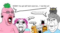 angry animal arm big_lips cartoon cat cat_(character) cat_ear catdog closed_mouth clothes ear earring flag frog furry gauge glasses grandma green_hair grey_skin hair hand looney_tunes nickelodeon nose_piercing oh_my_god_she_is_so_attractive old open_mouth orange_skin pepe pink_skin pooner purple_hair sad scar self_harm smile smug snout soot soot_colors soyjak soyjak_party speech_bubble stubble subvariant:chudjak_front subvariant:euromutt subvariant:impish_meowjak subvariant:wholesome_soyjak sylvester_(sylvester_and_tweety) sylvester_and_tweety text thought_bubble tongue top_surgery tranny valid variant:bernd variant:chudjak variant:gapejak variant:imhotep variant:impish_soyak_ears variant:markiplier_soyjak variant:soyak warner_bros whisker ywnbaw // 1920x1080 // 511.1KB