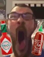animated bottle closed_eyes distorted drinking explosion food glasses hot_sauce irl open_mouth soyboy sriracha stretched_mouth stubble tabasco variant:james_youniverse // 324x419 // 957.4KB