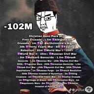 chud closed_mouth clothes english_text genocide glasses hair hat impact_font looking_to_the_right text tiktok variant:chudjak war watermark wordswordswords // 2160x2160 // 2.0MB