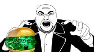 2soyjaks bald clothes emerald fat fattv food open_mouth soyjak stubble suit variant:burgerjak variant:soyak // 640x358 // 129.4KB