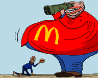 binoculars black_sclera closed_mouth clothes ear fat food full_body glasses hamburger holding_object mcdonalds shadow skinny smile stubble subvariant:euromutt subvariant:impish_amerimutt teeth variant:impish_soyak_ears variant:markiplier_soyjak // 2380x1904 // 101.6KB