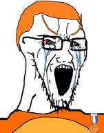 badge bloodshot_eyes clothes crying glasses hair large_eyebrows open_mouth orange_eyebrows orange_hair soyjak soyzellig_party stretched_mouth stubble text variant:soyak zach zarty // 785x1000 // 41.3KB