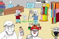 can cashier clothes coke door glasses happy hat multiple_soyjaks nintendo open_mouth pickle_rick playstation pointing red_eyes smile soy soylent soylent_(cacao) sprite sproke store stubble subvariant:science_lover variant:a24_slowburn_soyjak variant:gapejak variant:markiplier_soyjak variant:soyak video_game visor xbox // 5080x3380 // 1.0MB