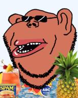 abc_stores alcohol brown_skin ear floral_shirt food fruit glasses hawaii hawaiian_shirt lei lips mutt open_mouth pina_colada pineapple soyjak spam stubble subvariant:impish_amerimutt sunburn sunglasses variant:impish_soyak_ears // 598x750 // 307.8KB