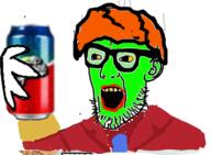 arm can clothes ear glasses green_skin hand holding_object holding_sproke max_headroom open_mouth orange_hair soda soyjak sproke stubble the_mask variant:headjak yellow_eyes // 441x325 // 94.8KB