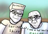 2soyjaks arm bench closed_mouth clothes crying drawfag drawing drawn_background glasses hugging serious_hat smile stubble text tshirt variant:abortion_lover variant:rupturejak // 493x354 // 126.9KB