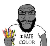 angry arm balding beard closed_mouth clothes color comic_sans crayon fist glasses grey_skin hair hand holding_object i_hate punisher_face soyjak subvariant:science_lover text trend:colorjak tshirt variant:markiplier_soyjak // 1017x935 // 365.5KB