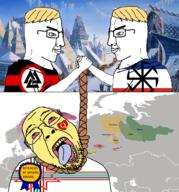 a10 a10_eyes arm aryan award background bleached blond bloodshot_eyes blue_eyes clothes dead erzya europe finno_ugric germanic handshake hanged hanging hyperborea khanty kolovrat komis looking_at_each_other mansi map nordic russia saami slavic slavic_paganism smug stubble udmurtia uralic variant:bernd variant:chudjak yellow_skin yellow_teeth // 1560x1677 // 1.4MB