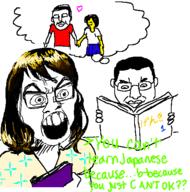 3soyjaks angry arm book brown_hair closed_mouth clothes ear female glasses greentext hair hand heart holding_book holding_object japanese_text oekaki open_mouth skirt smile soyjak subvariant:female_feraljak text thought_bubble variant:chudjak variant:feraljak yellow_skin // 517x522 // 81.0KB