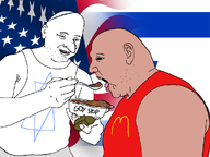 amerimutt brown_skin clothes feeding flag goy goyslop holding_object israel israeli_flag jewish_nose judaism mcdonalds open_mouth politics star_of_david two_soyjaks variant:breadwinner white_skin // 1000x750 // 154.2KB