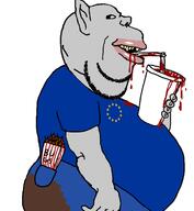 anglomutt arm belly black_sclera blood blue_shirt bug clothes cup drinking drinking_straw ear eternal_anglo euromutt fat flag:european_union grey_skin hand holding_object jeans lips looking_to_the_right mutt pocket pointy_ears poop side_profile spilled star_(symbol) stubble subvariant:impish_amerimutt text variant:impish_soyak_ears yellow_teeth // 700x758 // 125.2KB