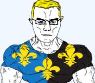 arm blue_eyes british buff closed_mouth clothes ear flag flag:monmouthshire fleur-de-lys glasses hair monmouthshire scotland soyjak subvariant:chudjak_front subvariant:muscular_chud trend:aryan tshirt united_kingdom variant:chudjak vein yellow_hair // 1059x929 // 128.8KB