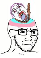 2soyjaks bloodshot_eyes closed_mouth crying flag frown glasses hair hanging irritated lipstick looking_to_the_right looking_up mustache noose open_mouth purple_hair rope soyjak stubble subvariant:soyak_(irritated) suicide tongue tranny variant:bernd variant:soyak white_background yellow_teeth // 352x496 // 130.7KB