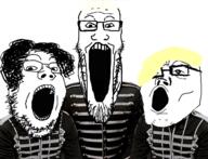 3soyjaks glasses hair my_chemical_romance open_mouth soyjak stubble uniform variant:cobson variant:markiplier_soyjak variant:tony_soprano_soyjak // 1567x1200 // 1.3MB