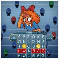 angry arm blue_background blue_eyes blue_shirt blush bowtie cartoon circle closed_mouth clothes collared_shirt eyebrows eyelashes freckles frown glasses hand hankercheif he_will_always_be_a_gem holding_object hwnbag lingo_(dutch_game_show) mymy_(ongezellig) nose number ongezellig onions open_mouth orange_hair orange_skin outline parody shadow sphere sproke stubble sweating teeth text variant:markiplier_soyjak wrinkles // 3600x3600 // 11.0MB