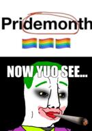 batman_(series) chud closed_mouth clothes dc_comics glasses green_hair hair impact_font joker_(dc) lgbt makeup pride_month rainbow rainbow_flag smirk smoking smug soyjak text variant:chudjak weed yellow_sclera // 945x1340 // 326.1KB