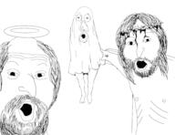 3soyjaks arm beard christianity cross hair halo hand jesus large_nose mustache open_mouth pointing soyjak variant:two_pointing_soyjaks // 3300x2550 // 1.2MB