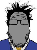 clothes eyebrows front_facing glasses grey_skin hair looking_at_you meta:namefags necktie no_eyes no_face no_mouth no_nose nophono nophono_(nametroon) self_insert stubble suit suit_and_tie variant:markiplier_soyjak // 600x800 // 19.7KB