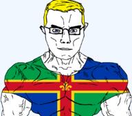 arm blue_eyes british buff closed_mouth clothes ear england flag flag:lincolnshire fleur-de-lys glasses hair lincolnshire soyjak subvariant:chudjak_front subvariant:muscular_chud trend:aryan tshirt united_kingdom variant:chudjak vein yellow_hair // 1059x929 // 52.2KB