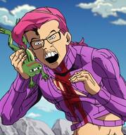 amphibian anime frog glasses jojos_bizarre_adventure nas:pepe pepe pepe_the_frog pink_hair soyjak variant:feraljak vinegar_doppio // 511x549 // 498.9KB