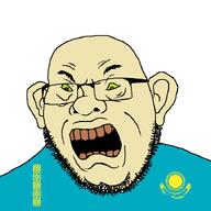 angry asian bald brown_teeth central_asia clothes ear flag flag:kazakhstan glasses green_eyes kazakhstan open_mouth soyjak subvariant:ukropson swarthy variant:cobson yellow_skin // 721x720 // 31.4KB