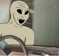 alien beige_skin garage grey_alien irl_background open_mouth soyjak variant:soyak x_(4chan) // 762x734 // 464.8KB