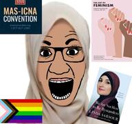 book brown_skin female feminism flag gay glasses hijab lgbt makeup open_mouth progress_pride_flag soyjak text variant:el_perro_rabioso // 748x701 // 69.2KB