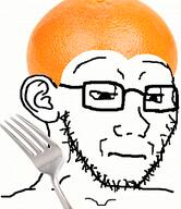 closed_mouth clothes ear food foodjak fork fruit glasses hat orange_(fruit) sad soyjak stubble variant:soyak // 324x375 // 175.2KB
