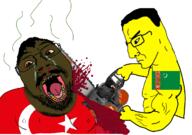 2soyjaks blood brown_skin chainsaw closed_mouth clothes country crying flag flag:turkiye flag:turkmenistan glasses holding_chainsaw holding_object mustache open_mouth star_(symbol) stink subvariant:chainsaw_bernd teeth turkiye turkmenistan variant:bernd variant:chudjak yellow_skin yellow_teeth // 1238x872 // 474.0KB