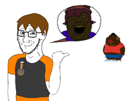 award black_skin brown_hair cleveland_brown_jr closed_mouth dan glasses jimbo_(namefag) jimbo_(user) lips looking_at_you looking_to_the_left meta:namefags nigger open_mouth pointing red_shirt smug speech_bubble stubble variant:alicia variant:meximutt variant:soyak yellow_sclera