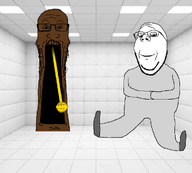 beard clock crazed full_body glasses grandfather_clock insane mentally_ill no_glasses nose shoe smile stubble subvariant:wholesome_soyjak variant:gapejak variant:markiplier_soyjak white_room white_skin // 1001x900 // 417.8KB