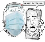 2soyjaks clothes coronavirus_pandemic ear face_shield finnish_text glasses holding_object holding_phone mask mouth_mask open_mouth phone soyjak speech_bubble stubble surgical_mask tiktok variant:gapejak variant:unknown // 763x711 // 63.4KB