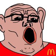 amerimutt black_sclera clothes glasses lips mcdonalds mutt open_mouth red_shirt soyjak variant:tony_soprano_soyjak // 600x600 // 23.0KB