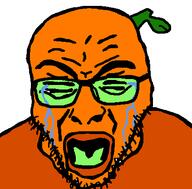 anti_froot closed_eyes clothes crying food froot fruit glasses orange_skin soyjak stem stubble variant:rupturejak // 423x416 // 11.1KB