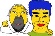 2soyjaks blue_hair brother cartoon chud_troon_alliance closed_mouth clothes friendship grey_hair hair hand homer_simpson marge marge_simpson mustache smile soyjak stubble subvariant:chudjak_front the_simpsons variant:bernd variant:chudjak yellow_skin // 834x541 // 139.1KB