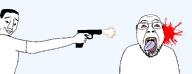2soyjaks ack blood blood_spray bloodshot_eyes chud closed_mouth clothes death execution glasses gun gunshot_wound holding_gun holding_object holding_pistol looking_to_the_right looking_up murder muzzle_flash open_mouth pistol pointing series:chud's_hitman shooting smile smug soyjak stubble template tongue tongue_out transparent_background tshirt variant:bernd variant:chudjak yellow_teeth // 1342x515 // 43.7KB