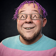 ^_^ blush clothes ear eyebrows flag:transgender_pride_flag forehead_lines glasses happy lips meta:ai_generated meta:not_oc no_eyes nose purple_hair realistic stubble teeth variant:bernd white_skin // 1024x1024 // 1.9MB