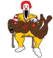 2soyjaks bench black_skin clown full_body glasses hair mcdonalds naked open_mouth red_hair ronald_mcdonald sitting soyjak spade stretched_mouth variant:cobson variant:markiplier_soyjak yellow_sclera // 1211x1314 // 139.0KB