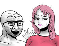 art closed_mouth clothes daddy's_girl friday_night_funkin' glasses hand hands_up open_mouth pink_hair redraw soyjak stubble variant:excited_soyjak wojak // 2700x2100 // 951.0KB