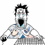 angry animal anime bloodshot_eyes blue_eyes blush computer computer_mouse crying drool fat gawr_gura glasses hair hololive keyboard open_mouth shark sharp_teeth soyjak stubble variant:markiplier_soyjak vtuber white_hair // 1440x1440 // 199.2KB