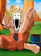 anime buff dragon_ball drawn_background foot foot_fetish full_body open_mouth pointing sitting son_goku soyjak stretched_mouth stubble super_saiyan variant:markiplier_soyjak yellow_hair // 765x1045 // 808.4KB